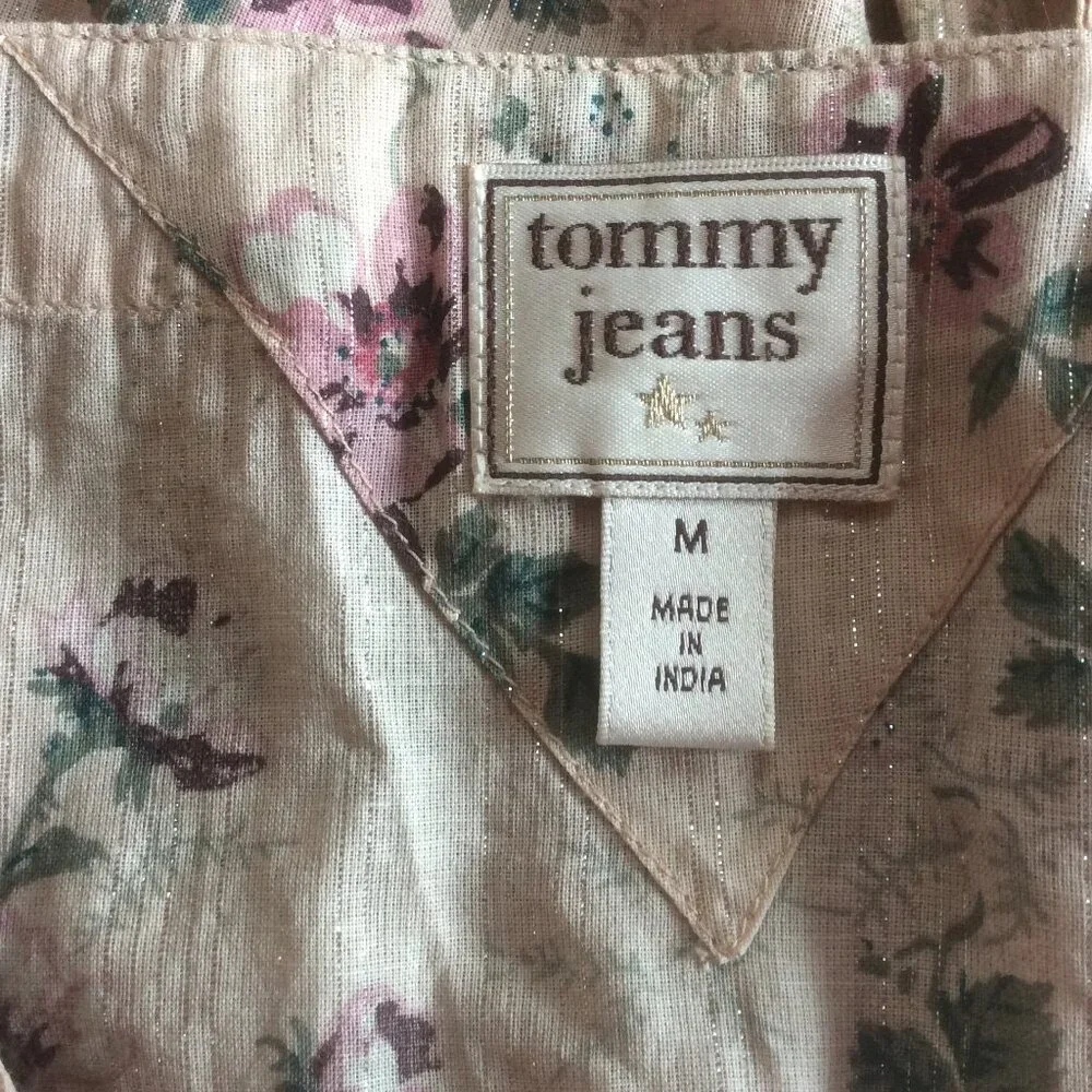 Tommy Jeans Y2K Floral Silver Metallic Threads Babydoll Retro Top Size Medium - Picture 3 of 5
